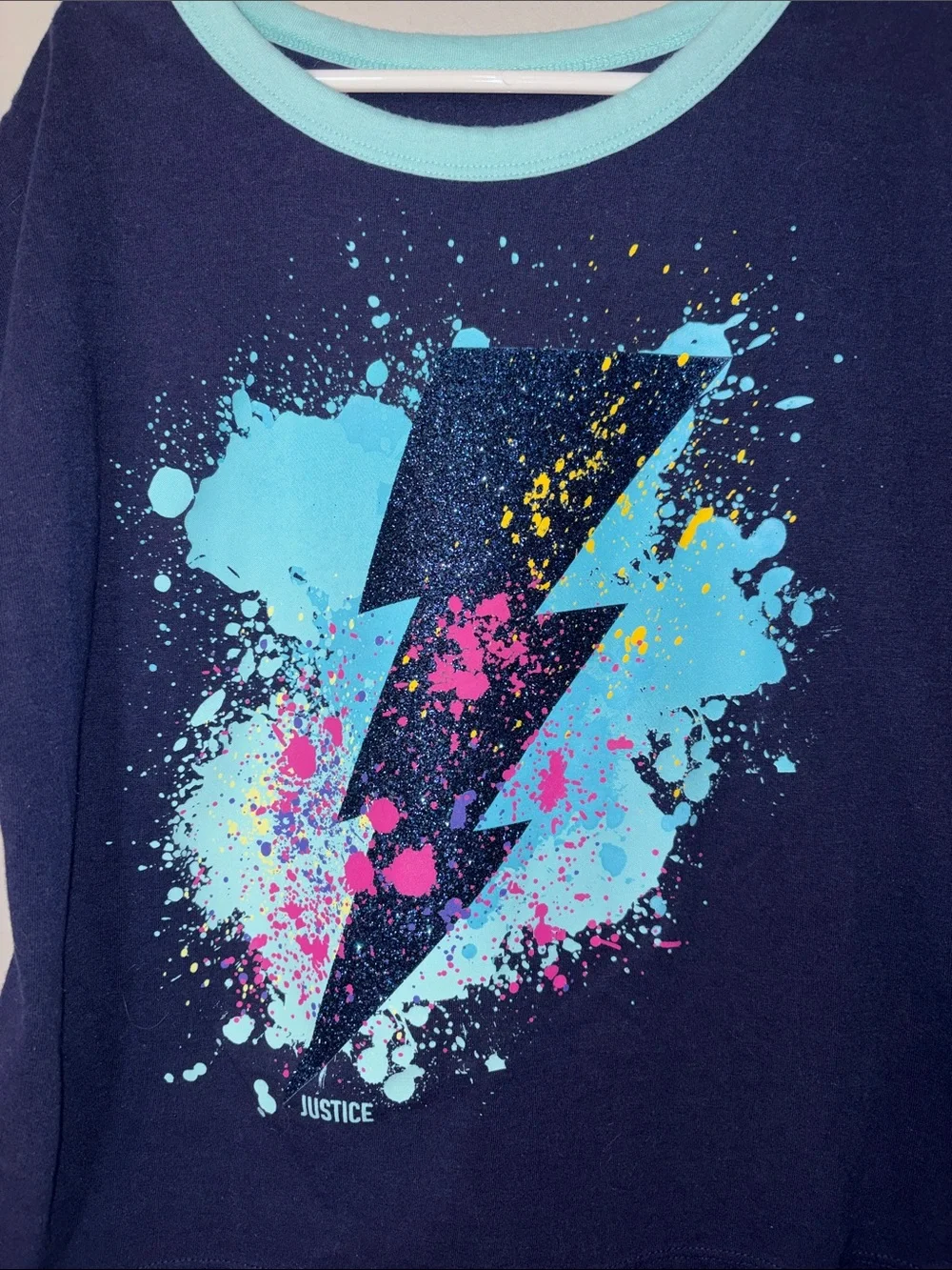 Justice Navy Tee with Aqua Lightning and Neon Splash Youth M
